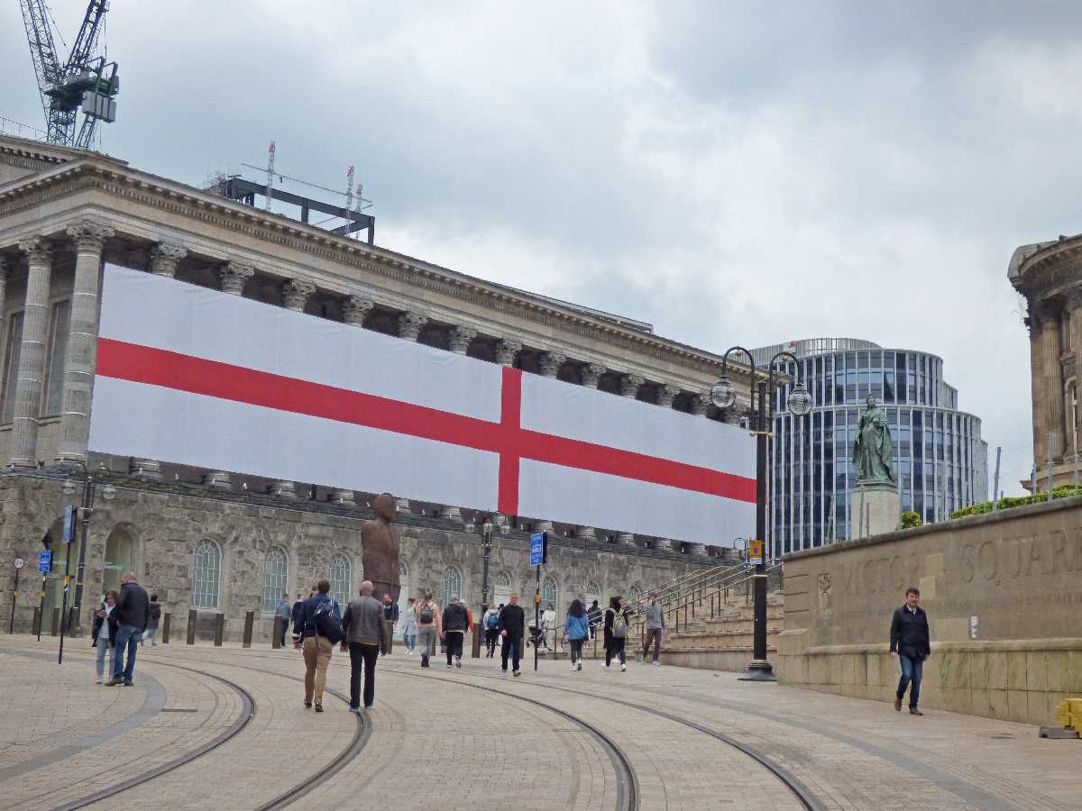 Giant England flag on the Town Hall for St George`s Day 2022